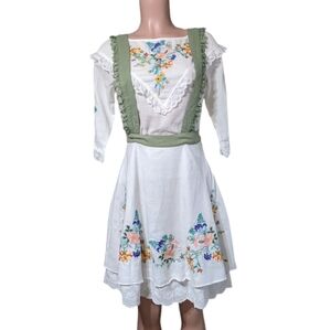 Vintage White  Floral Embroidered Mexican Dress, top skirt and dungarees trio in